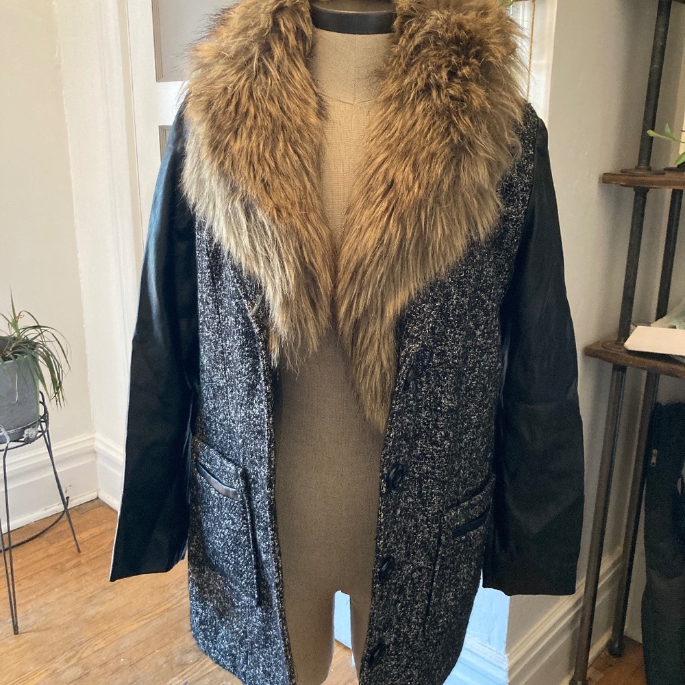 Faux fur and leather wool blend tweed jacket